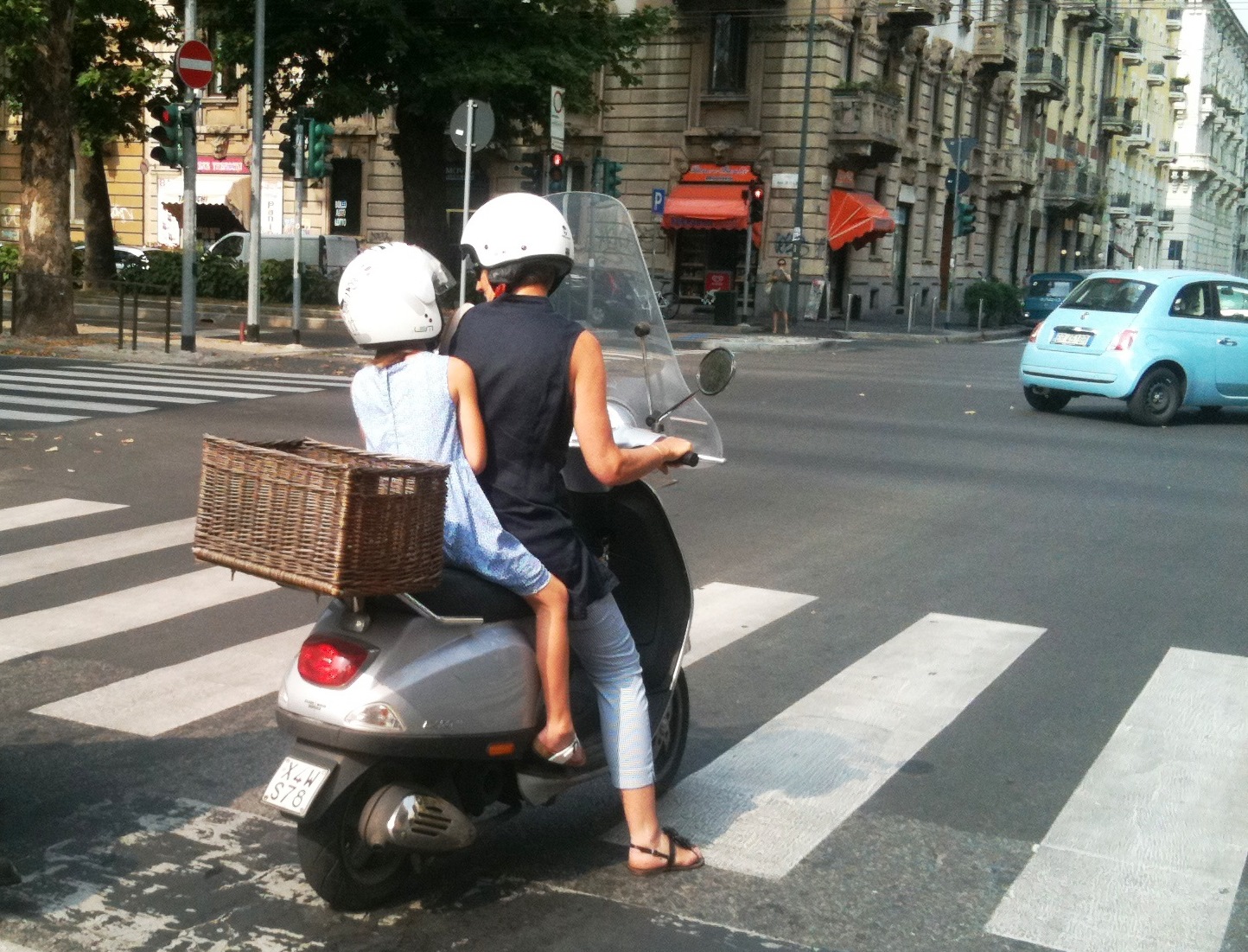 Italian mother & daughter, Scooter, Vespa, Italy, Milan